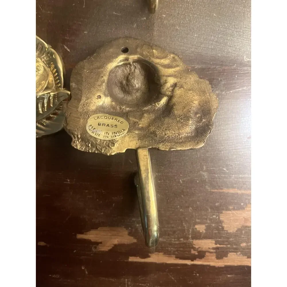 Vintage Brass Rose Wall Hooks, Lacquered Floral Hardware Set of 4